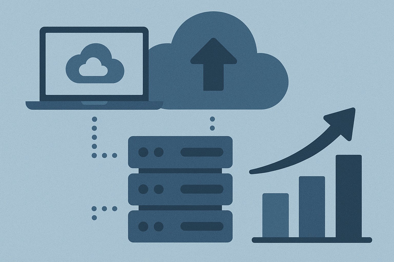 Illustration of cloud-managed solutions and scalability with cloud icons, servers, a laptop, and an upward growth chart, all in shades of blue.