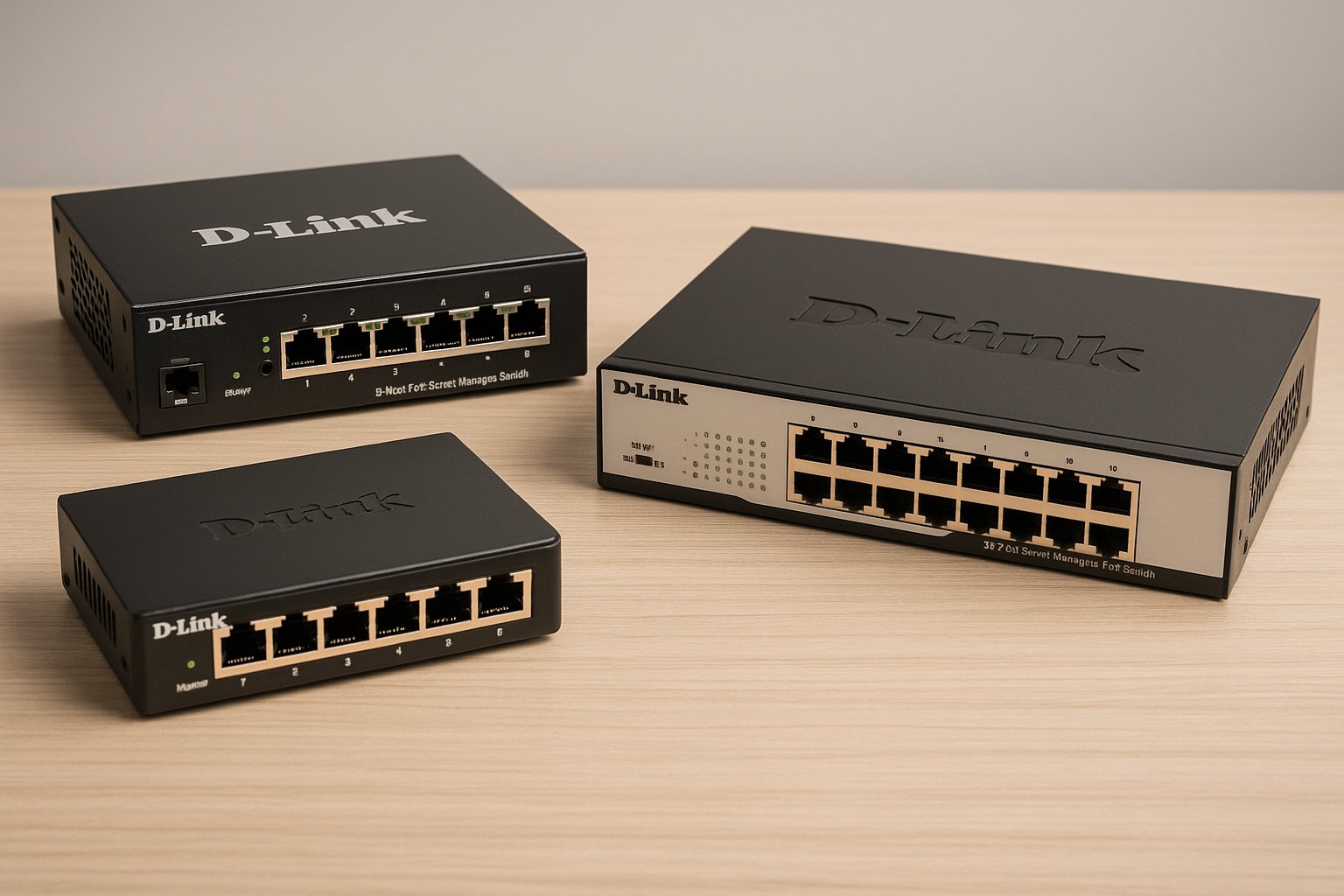 Three D-Link network switches displayed on a wooden surface, including an 8-port PoE smart switch, an 8-port unmanaged desktop switch, and a larger 28-port smart managed PoE switch, arranged for visual comparison in a small business networking context.