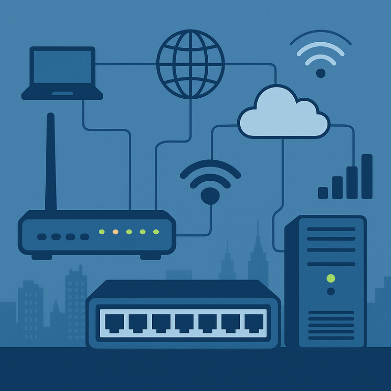 A flat-style digital illustration visualizing network infrastructure, featuring a wireless router, switch, server, and cloud icons interconnected by lines representing data flow, set against a city skyline backdrop.