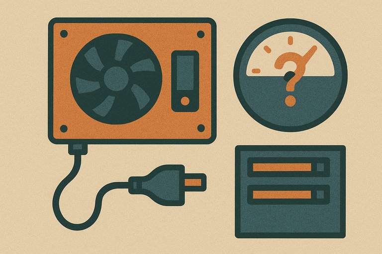 A textured digital illustration depicts a power supply unit, a power plug, and a meter with a question mark, symbolizing uncertainty about PSU functionality.