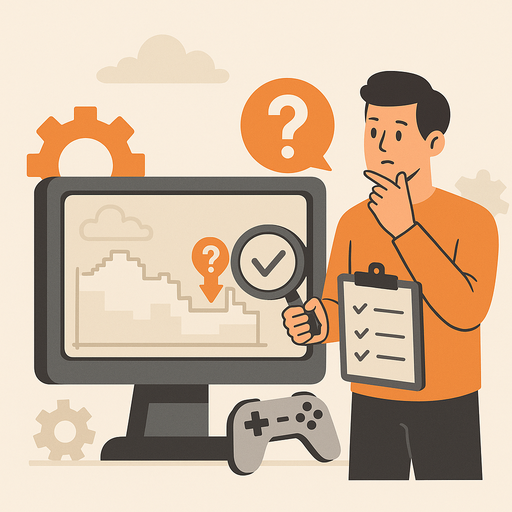 A flat, modern digital illustration depicts a young man analyzing performance issues with an old video game. He stands next to a retro CRT monitor showing a pixelated graph with a downward arrow and question mark. He holds a checklist clipboard and a magnifying glass with a checkmark, symbolizing troubleshooting. Game controller, gears, and cloud icons surround the scene.