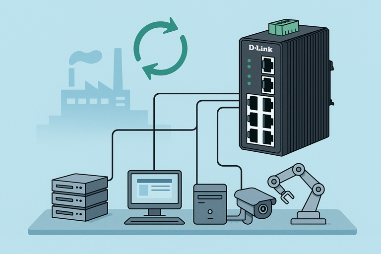 Illustration of a D-Link industrial network switch with redundant connections powering servers, a surveillance camera, a robotic arm, and a computer in a factory setting.