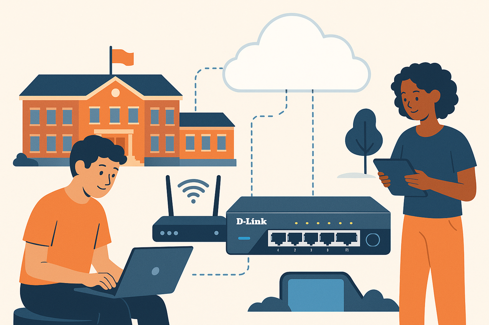 A digital illustration of two students in an educational environment using laptops and tablets connected through a D-Link switch and Wi-Fi router, with a school building and cloud network in the background—showcasing how D-Link meets educational demands.
