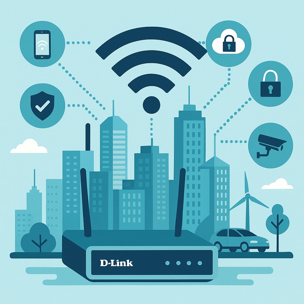 Illustration of a smart city network powered by D-Link technology, featuring a router and icons representing connectivity, security, and sustainable infrastructure.