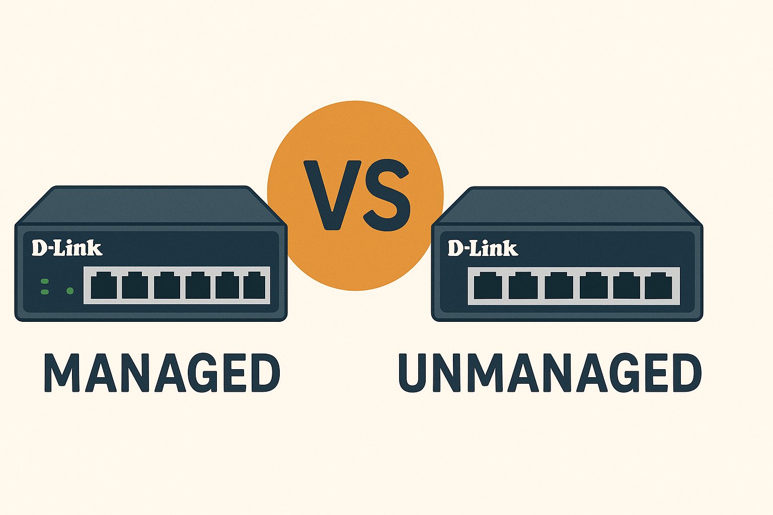 Side-by-side digital illustration comparing managed and unmanaged D-Link switches, separated by an orange “VS” circle, with labels below each switch.