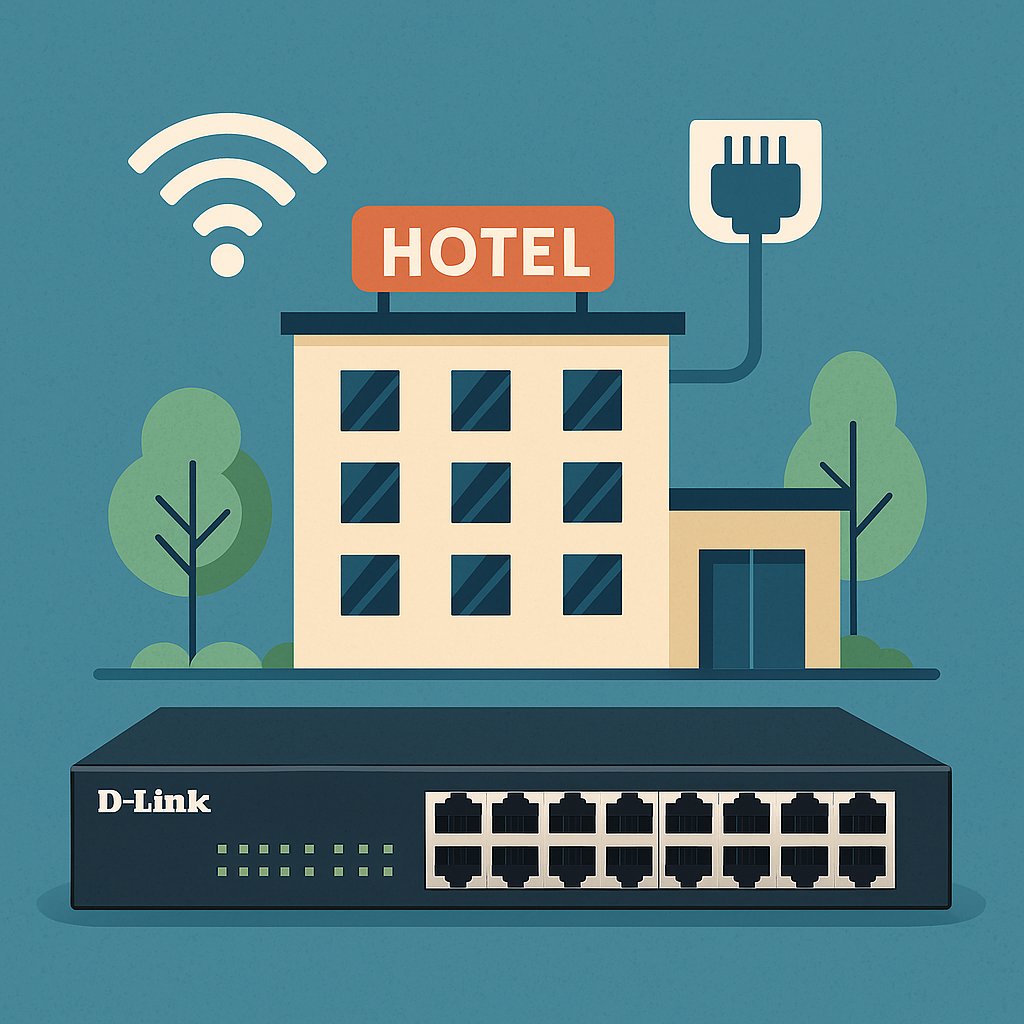 A flat illustration of a modern hotel with a D-Link network switch in the foreground, symbolizing reliable connectivity for hospitality environments.
