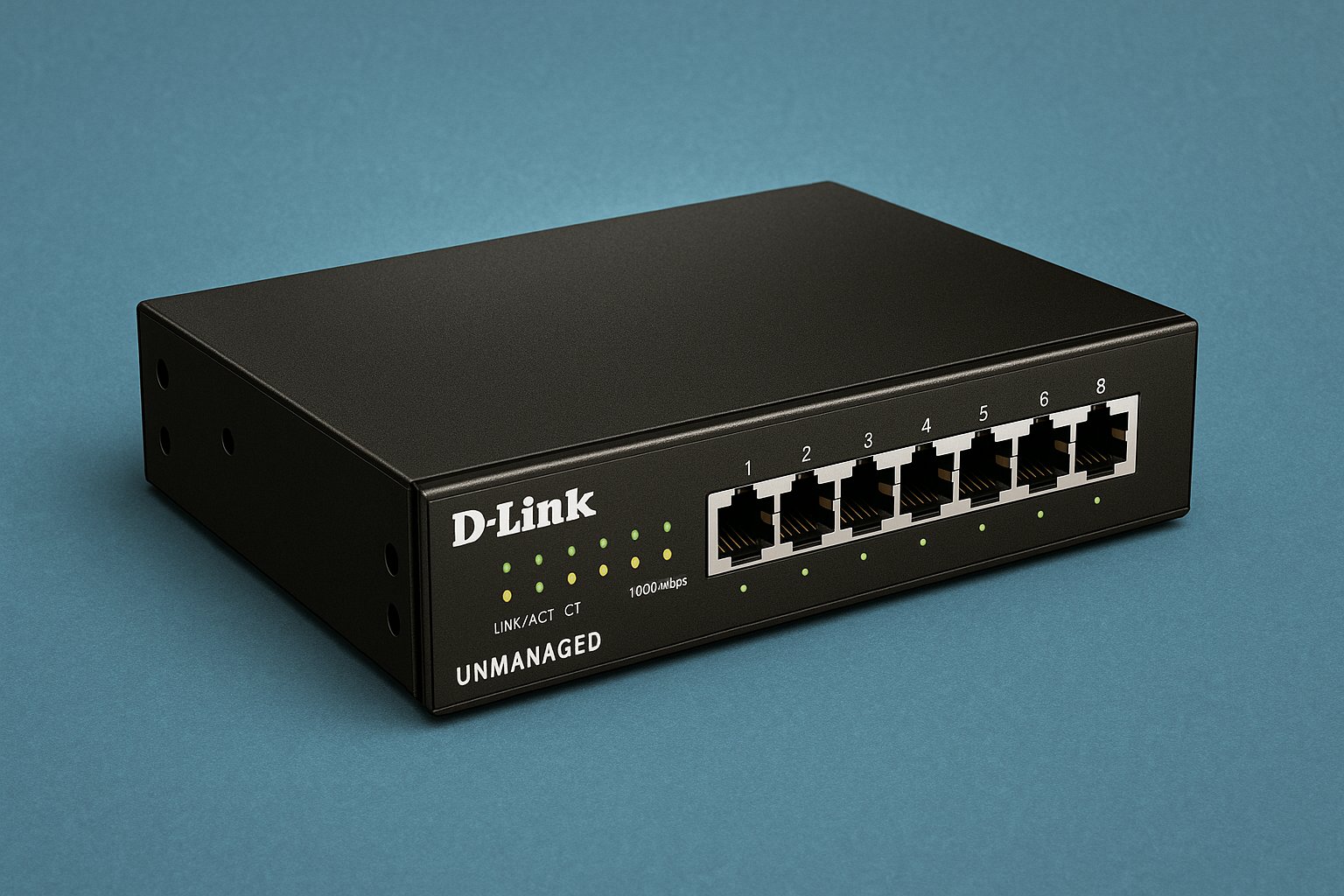 Digital photo of a D-Link unmanaged network switch featuring eight Ethernet ports, LED indicators, and a sleek black metal casing, set against a textured blue background.
