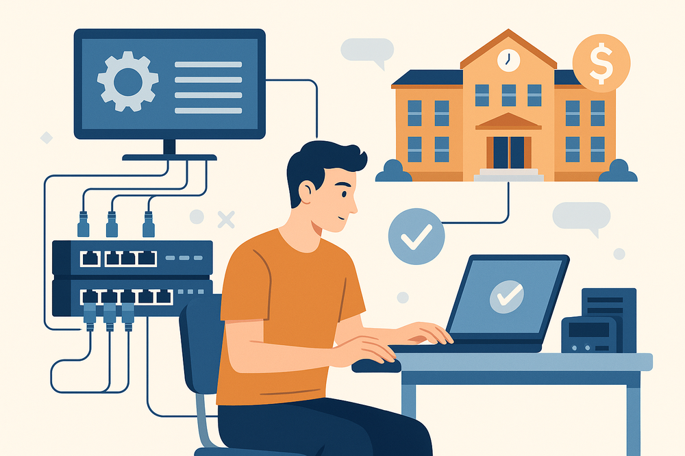 A digital illustration of an IT professional managing a school's network using a laptop, with visual elements like server racks, configuration screens, and a school building—representing easy network management and long-term value in educational settings. 