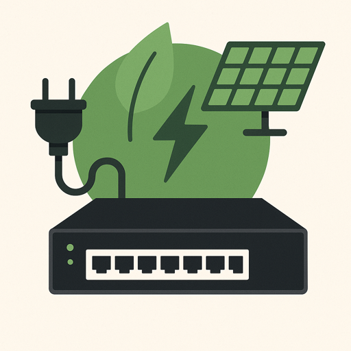 Flat-style illustration of a network switch symbolizing energy efficiency, with a power plug, green leaf, lightning bolt, and solar panel in the background to represent sustainable technology.