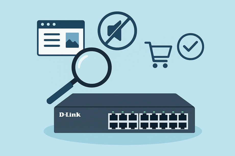 A digital illustration of a D-Link fanless network switch with a magnifying glass above it, surrounded by icons representing a website, mute symbol, shopping cart, and checkmark—highlighting the process of exploring silent networking solutions.