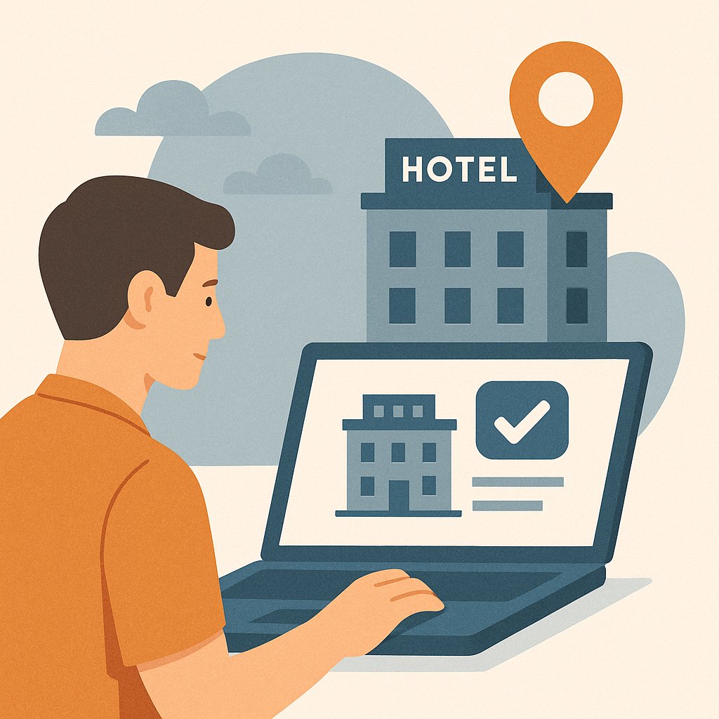 A flat-style illustration of a person browsing hotel options on a laptop, with a hotel building and location pin in the background.