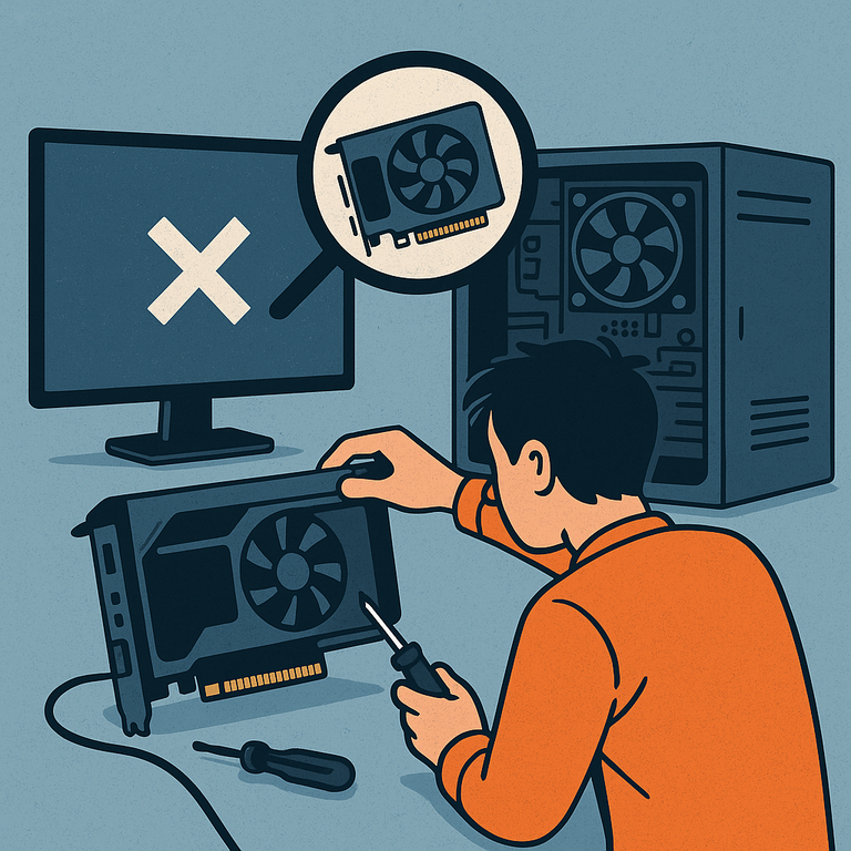 A digital illustration depicts a person troubleshooting a desktop computer with a graphics card pulled out and a monitor showing a blank screen, representing a graphics card not displaying after a crash.