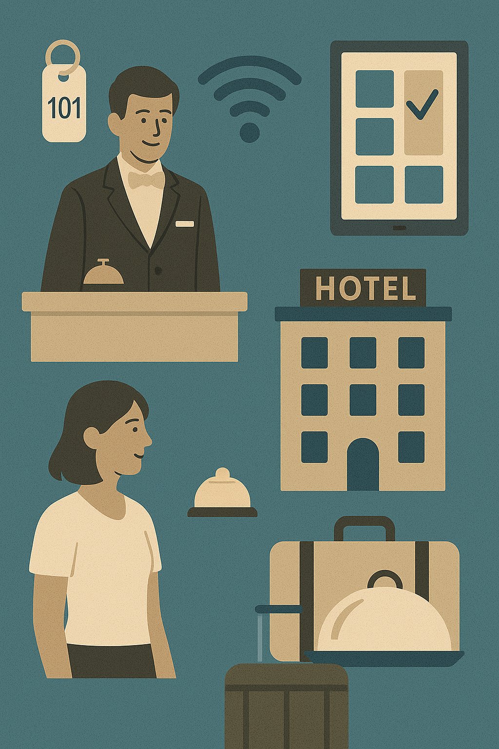 A flat-style illustration showing hospitality use cases, including a hotel clerk, guest, hotel building, Wi-Fi symbol, tablet check-in, and luggage.