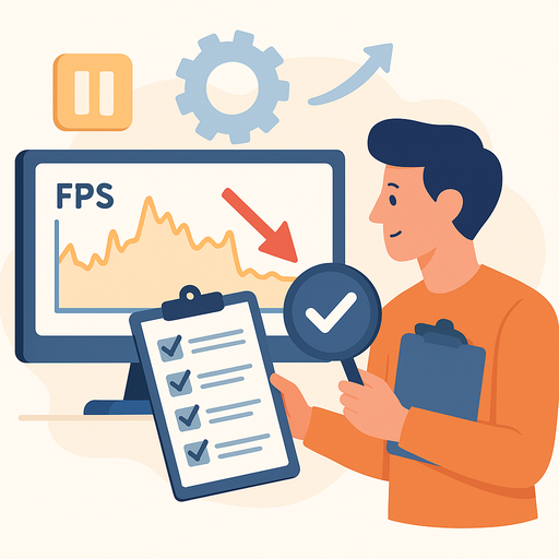 A flat-style digital illustration features a man troubleshooting FPS performance issues. He stands beside a monitor displaying a graph with a red downward arrow labeled "FPS". He holds a clipboard with checkmarks and a magnifying glass with a check icon, symbolizing a step-by-step fix process. Gear and arrow icons in the background suggest optimization and improvement.
