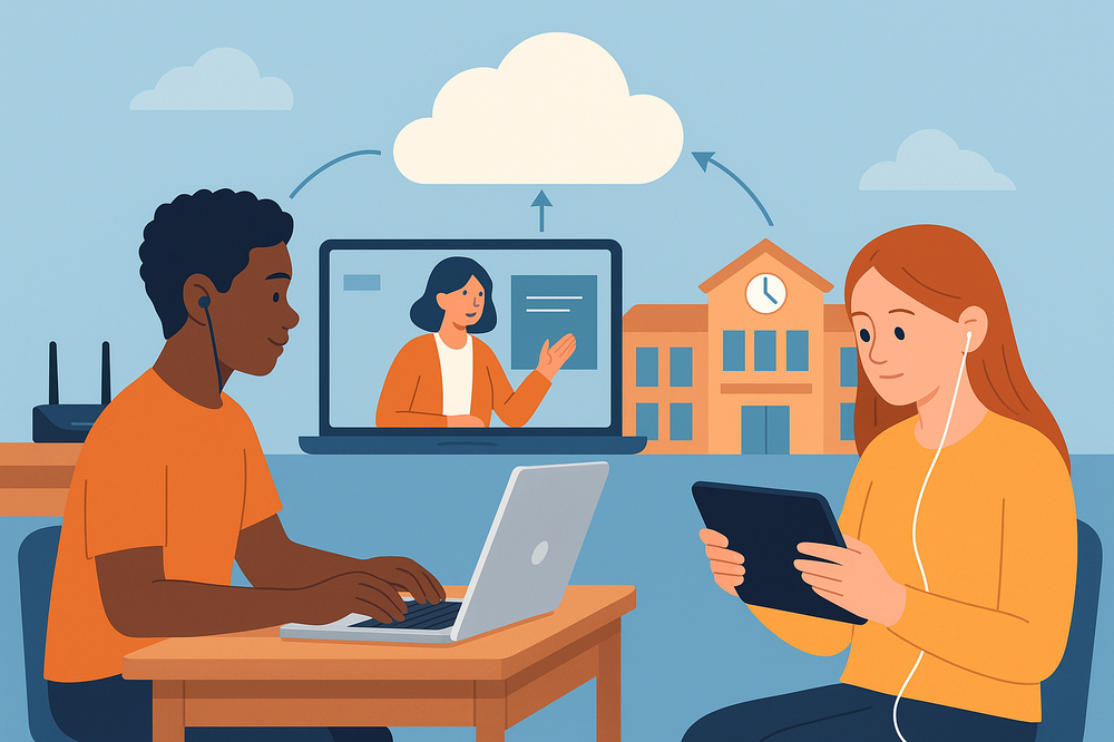 A digital illustration showing two students using laptops and tablets connected to a cloud network for remote learning, with a school building and a video teacher in the background—representing support for hybrid learning environments.