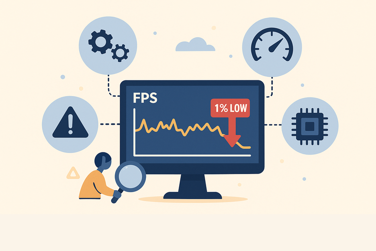 A flat-style digital illustration visually represents the common causes of low 1% FPS in gaming. A central monitor displays an FPS graph with a significant dip marked “1% LOW,” while surrounding icons show gears (background tasks), a warning triangle (errors), a speedometer (latency), and a CPU chip (hardware bottlenecks). A character with a magnifying glass examines the issue.