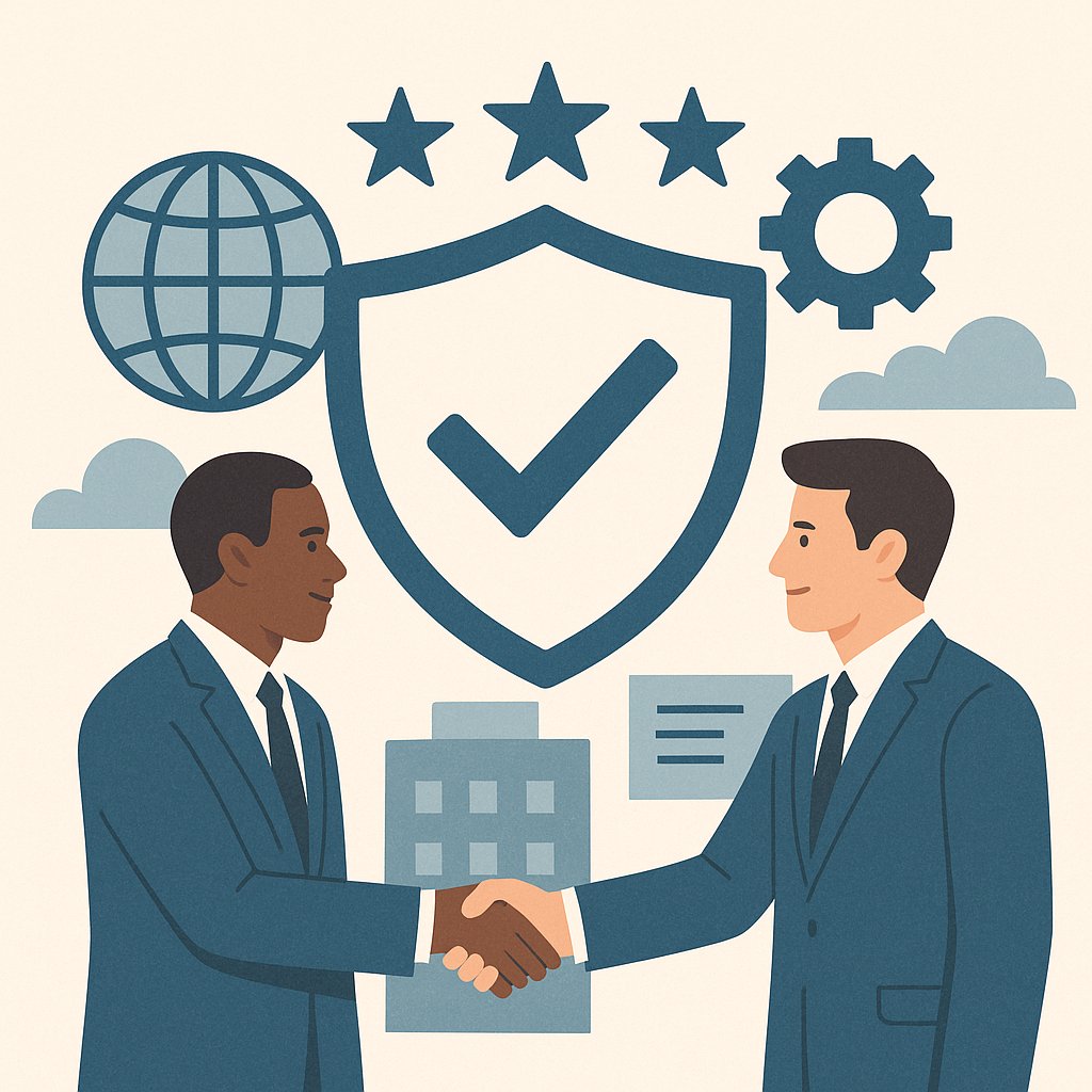 A flat-style illustration of two professionals shaking hands in front of a shield with a checkmark, symbolizing industry trust, reliability, and partnership.