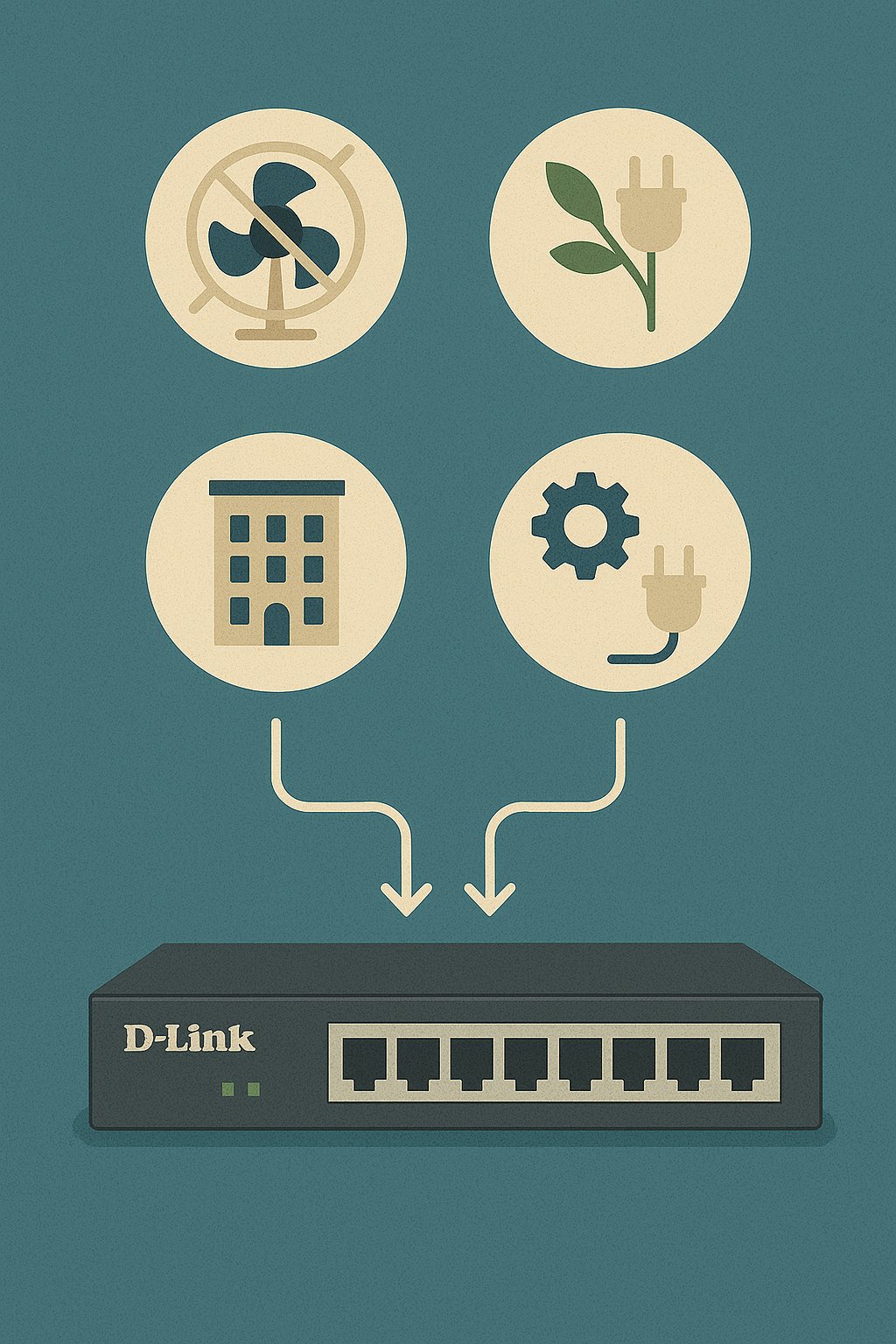 A flat-style illustration of a D-Link network switch with icons above it representing hotel benefits like energy efficiency, silent operation, and smart connectivity.