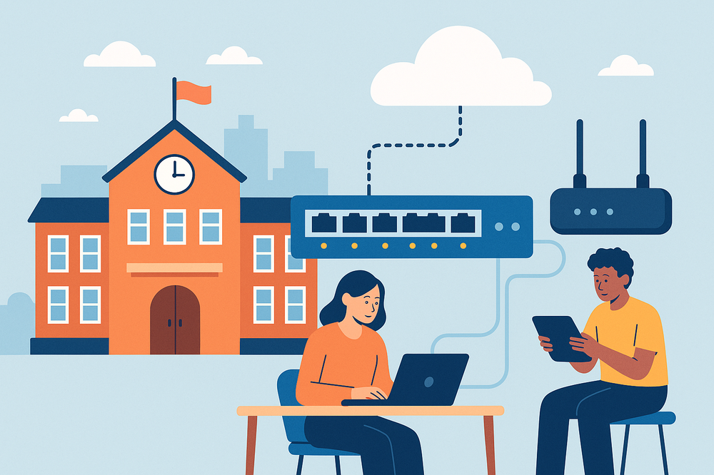 A digital illustration showing a school building with cloud-connected networking equipment, a student on a laptop, and another using a tablet—representing the importance of network infrastructure in education. 