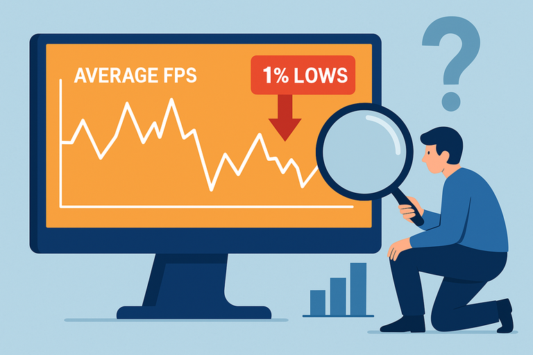 A flat-style digital illustration visualizes performance analysis with a large monitor displaying an FPS graph. A red "1% LOWS" label and arrow indicate a dip in performance, while a person examines it closely with a magnifying glass. A question mark hovers nearby, symbolizing curiosity and investigation.