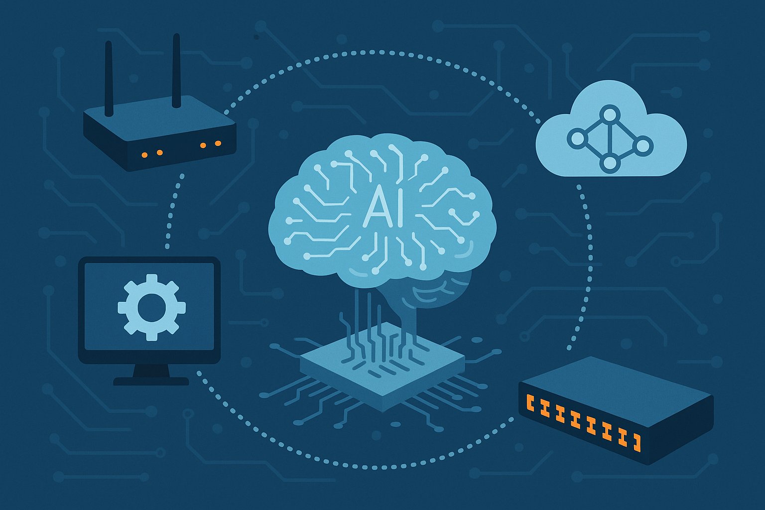 Illustration of AI-powered network management with a digital brain chip connected to a router, switch, cloud, and desktop on a blue circuit background.