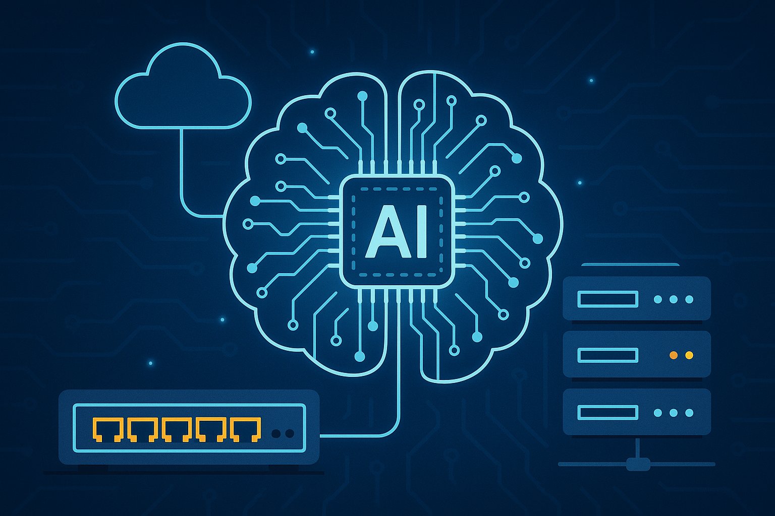  Illustration of AI-driven network infrastructure featuring a glowing AI brain chip connected to a cloud icon, network switch, and stacked server racks on a circuit-patterned digital background