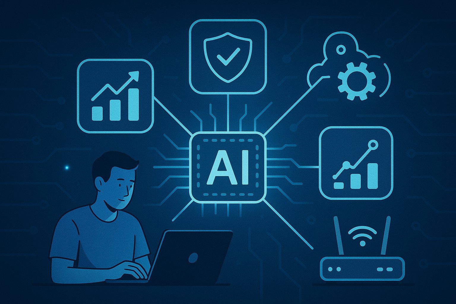  Illustration of AI networking benefits with a glowing central AI chip connected to icons representing security, analytics, cloud automation, and Wi-Fi, alongside a user working on a laptop.