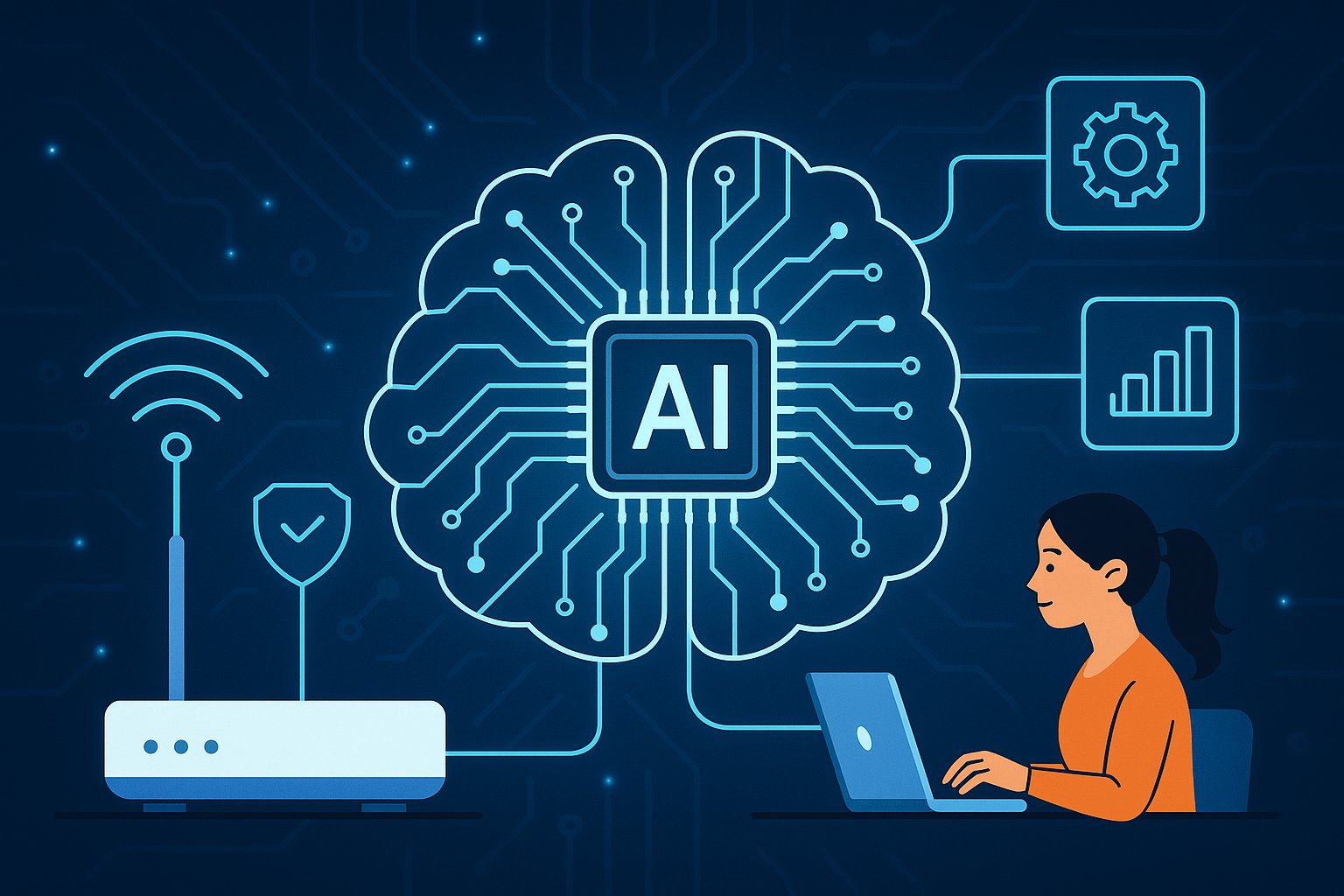  Illustration of AI-driven network management showing a glowing AI brain chip connected to a laptop user, Wi-Fi router, and icons for analytics, security, and automation, set against a digital circuit background