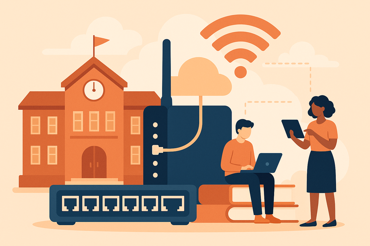 A flat, modern digital illustration depicting a school building, networking hardware like switches and routers, and two students using a laptop and tablet, representing D-Link networking in education.