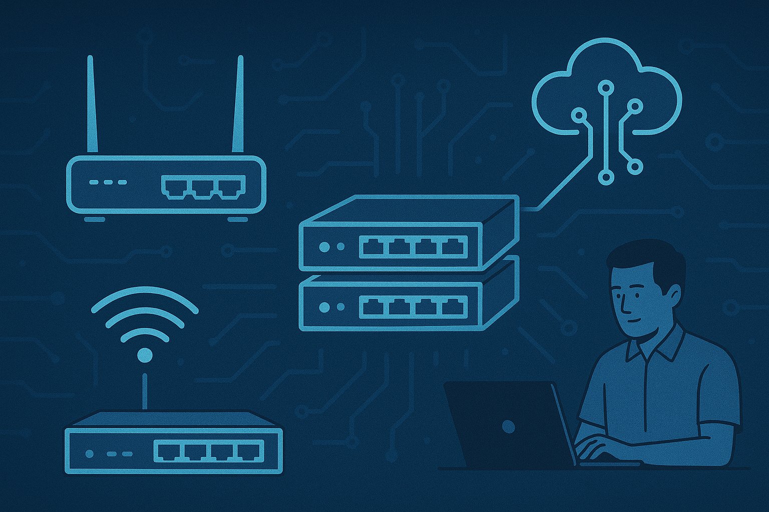Illustration of D-Link networking solutions featuring stacked network switches, Wi-Fi routers, a cloud network icon, and a man using a laptop, all interconnected against a digital circuit background. 