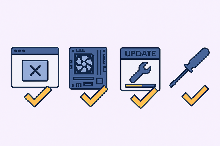 A flat-style digital illustration featuring four square icons side-by-side: a window with an X, a motherboard with a cooling fan, a software update panel with a wrench, and a screwdriver. Each icon is paired with a yellow checkmark below it, representing recommended fixes