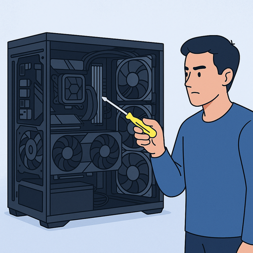 A digital illustration depicts an open custom-built PC with RGB fans being inspected by a person holding a screwdriver, highlighting a troubleshooting process for fan lighting issues.