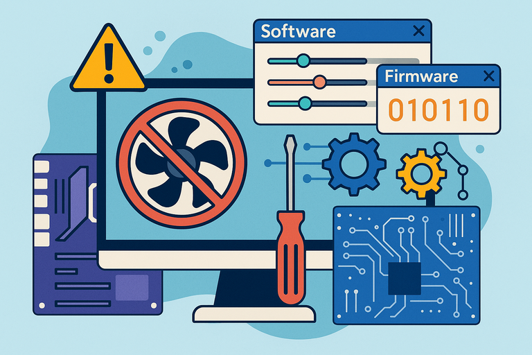 A flat-style digital illustration visually represents RGB fan issues with icons like a crossed-out fan, motherboard, software sliders, firmware codes, gears, and a screwdriver, symbolizing hardware, software, and firmware troubleshooting.