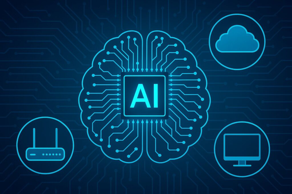 Illustration of AI-powered network management featuring a glowing brain-shaped circuit board with an “AI” chip at the center, surrounded by icons of a cloud, router, and computer monitor, all set against a dark digital circuit background.