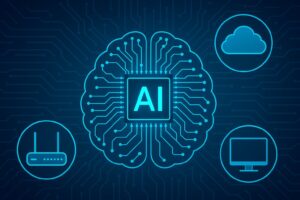 Illustration of AI-powered network management featuring a glowing brain-shaped circuit board with an “AI” chip at the center, surrounded by icons of a cloud, router, and computer monitor, all set against a dark digital circuit background.