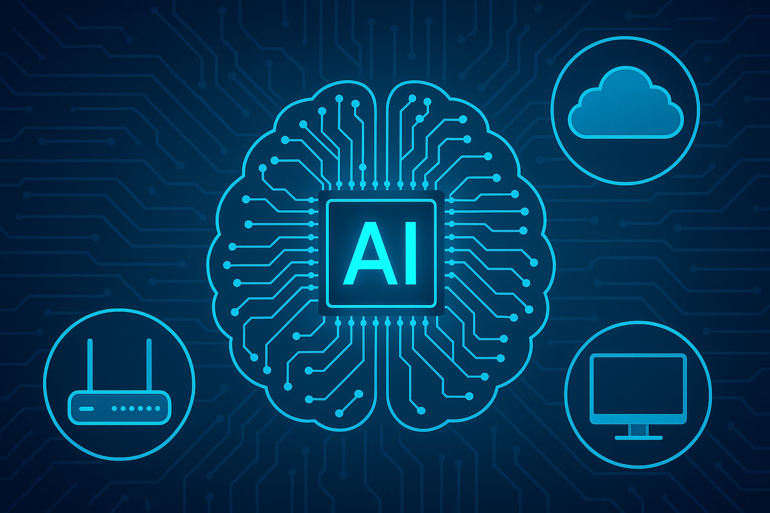  Illustration of AI-powered network management featuring a glowing brain-shaped circuit board with an “AI” chip at the center, surrounded by icons of a cloud, router, and computer monitor, all set against a dark digital circuit background.