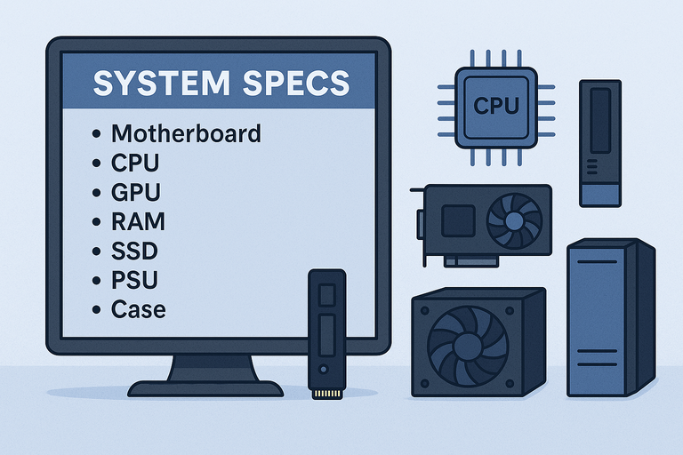 A 2D digital illustration showing a computer monitor listing system specs like CPU, GPU, RAM, SSD, PSU, and Case, with matching hardware components displayed to the right.