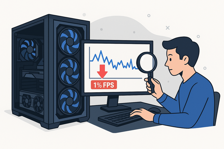A digital illustration depicts troubleshooting low 1% FPS on a high-performance gaming PC. A person examines a performance graph with a magnifying glass, while a gaming desktop with RGB fans sits nearby. The screen shows a framerate graph with a red downward arrow labeled "1% FPS", symbolizing frame drops.