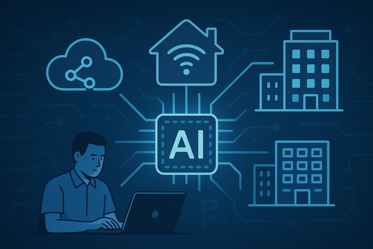  Illustration of AI-powered network use cases with a central AI chip connected to icons representing smart homes, cloud networks, and enterprise buildings, alongside a user working on a laptop. 
