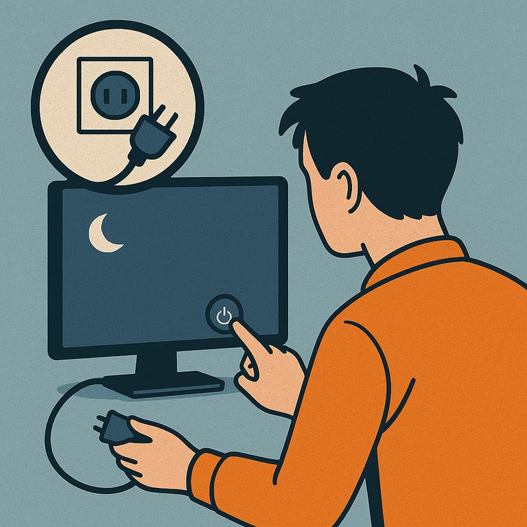 A flat, textured digital illustration depicts a person powering down a computer monitor by pressing the power button while unplugging the device, symbolizing the step to shut down and unplug everything.