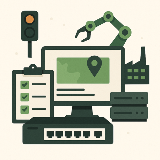 Flat-style illustration showing a computer monitor with a map pin, a checklist clipboard, a traffic light, robotic arm, factory buildings, and network switch, representing real-world industrial applications and case studies.