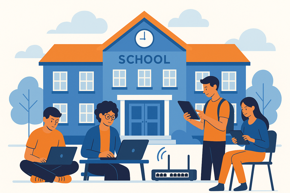 A digital illustration of four students using laptops and tablets in front of a school building with a Wi-Fi router nearby, symbolizing real-world applications of technology and networking in educational settings.