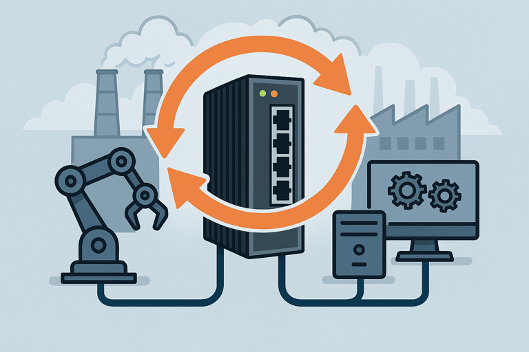 Flat-style illustration of an industrial Ethernet switch symbolizing redundancy with orange circular arrows, connected to a robotic arm and computer, with factory buildings in the background.