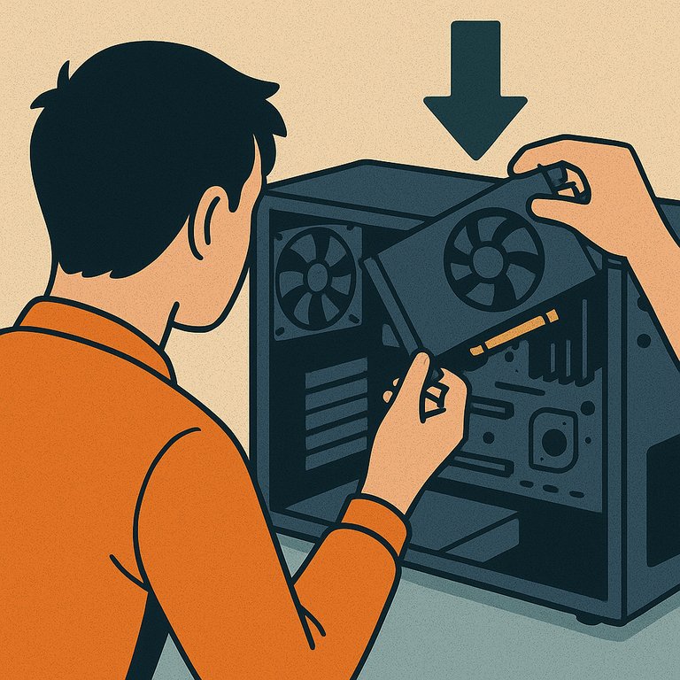 A textured, vintage-style digital illustration shows a person reinstalling a graphics card into a desktop PC, highlighting careful alignment with the PCIe slot.