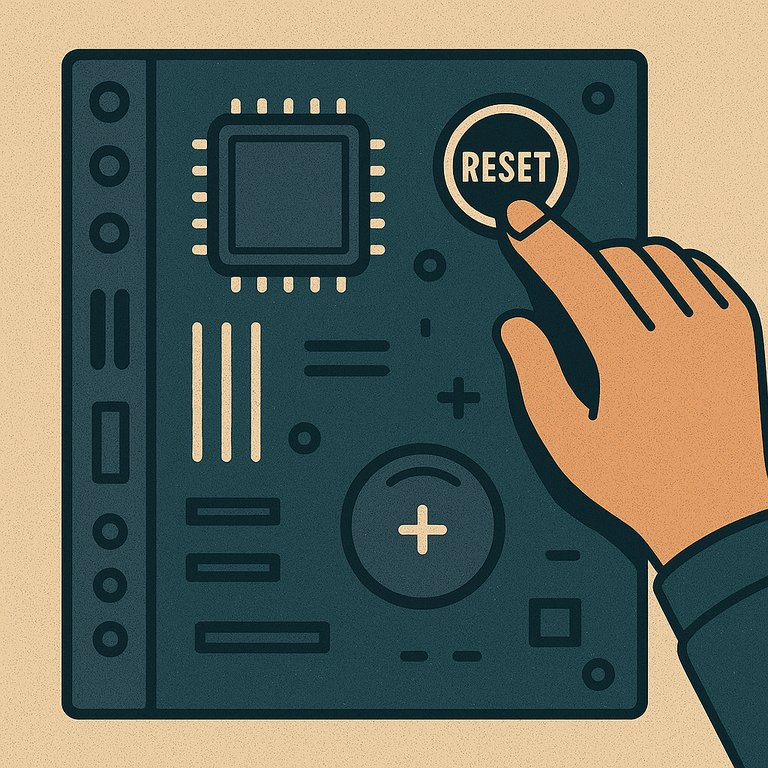 A textured digital illustration depicts a hand pressing a "RESET" button on a detailed motherboard, highlighting the CMOS battery and circuitry.