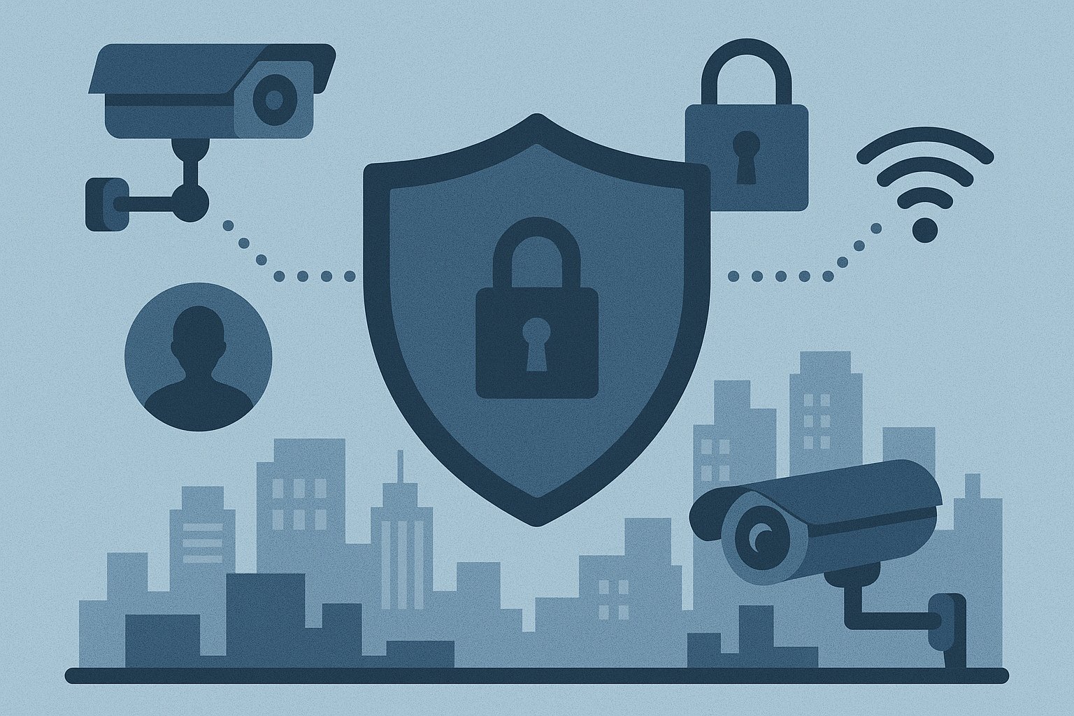Illustration of a smart city security system, featuring surveillance cameras, padlocks, a Wi-Fi icon, and a central shield symbolizing protection, set against a city skyline.