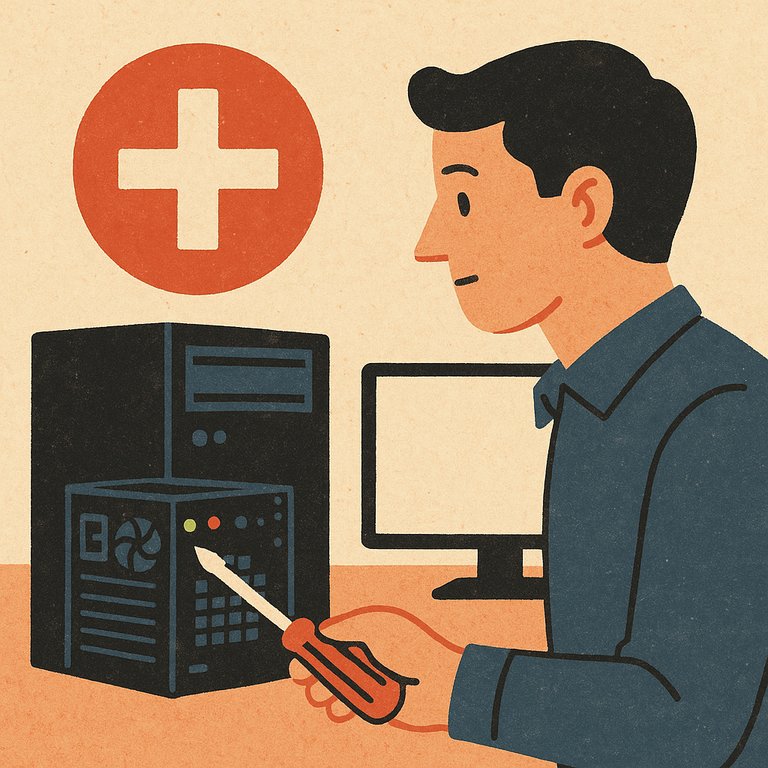 An illustration in textured, vintage-inspired style shows a technician fixing a desktop PC with a screwdriver, with a medical cross symbol above, representing professional repair help.