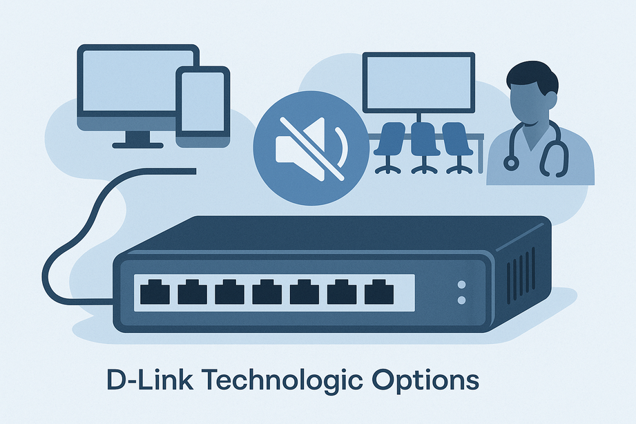 A flat, digital illustration showcases a silent D-Link fanless network switch connected to various devices. Icons represent office, medical, and conference room settings, with a muted speaker symbol indicating noise-free operation.