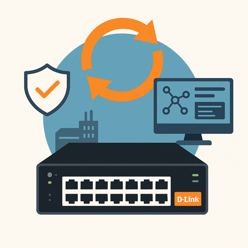 Flat-style illustration of a D-Link smart network switch with multiple ports, surrounded by a computer display showing a network map, a security shield icon, and circular arrows symbolizing redundancy.