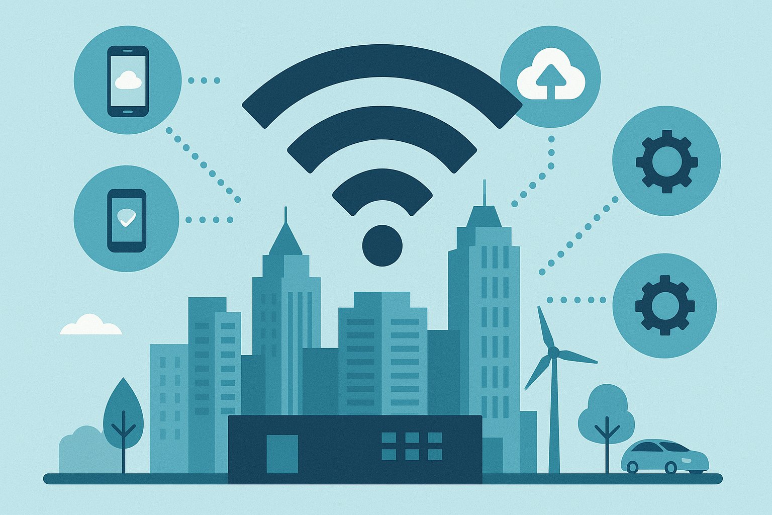 Illustration of a digitally connected smart city with a large Wi-Fi icon, surrounding symbols for cloud computing, automation, and mobile devices over a modern urban skyline.
